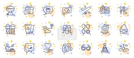 Illustration for Outline set of Fishing rod, Journey and Balloon dart line icons for web app. Include Ice cream, Fishing float, Wedding glasses pictogram icons. Christmas tree, Hold heart, Grill signs. Vector - Royalty Free Image