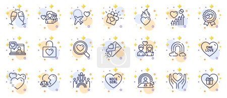 Illustration for Outline set of Hold heart, Love gift and Couple love line icons for web app. Include Inclusion, Heart, Honeymoon travel pictogram icons. Lgbt, Rainbow, Wedding locker signs. Friends chat. Vector - Royalty Free Image