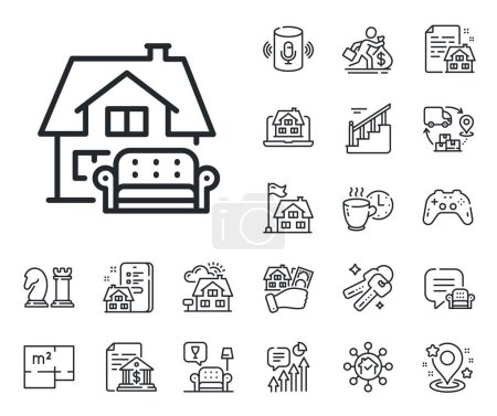 Illustration for Home sofa sign. Floor plan, stairs and lounge room outline icons. Furniture moving line icon. House couch symbol. Furniture moving line sign. House mortgage, sell building icon. Real estate. Vector - Royalty Free Image