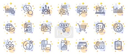 Outline set of Fan engine, Loan percent and Graph phone line icons for web app. Include Market sale, Money transfer, Discount button pictogram icons. Wallet, Column chart, Clipboard signs. Vector