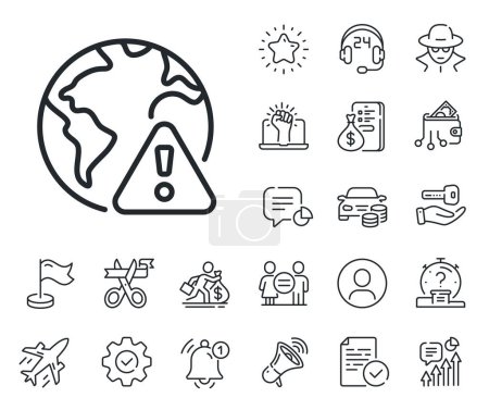 Illustration for Attention triangle sign. Salaryman, gender equality and alert bell outline icons. Internet warning line icon. Caution alert symbol. Internet warning line sign. Spy or profile placeholder icon. Vector - Royalty Free Image
