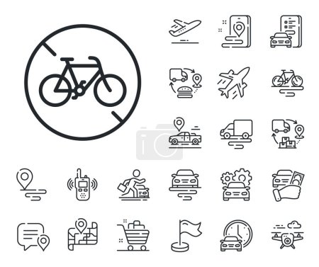 Illustration for City bike transport not allowed sign. Plane, supply chain and place location outline icons. Bicycle prohibited line icon. Velocipede forbidden symbol. Bicycle prohibited line sign. Vector - Royalty Free Image