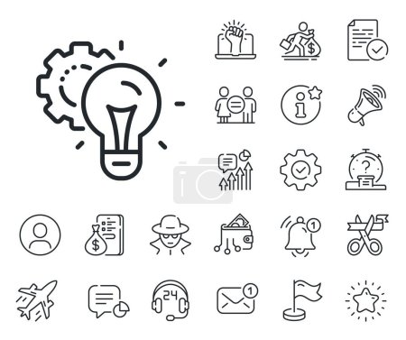 Illustration for Settings cogwheel sign. Salaryman, gender equality and alert bell outline icons. Idea gear line icon. Working process symbol. Idea gear line sign. Spy or profile placeholder icon. Vector - Royalty Free Image