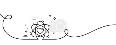 Téléchargez les illustrations : Atome avec icône de ligne de coeur. Continu une ligne avec boucle. Panneau énergétique. Symbole d'élément chimique. Ruban à contour unique atome. Courbe de boucle. Vecteur - en licence libre de droit