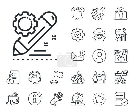 Illustration for Settings management sign. Salaryman, gender equality and alert bell outline icons. Project edit line icon. Pencil symbol. Project edit line sign. Spy or profile placeholder icon. Vector - Royalty Free Image