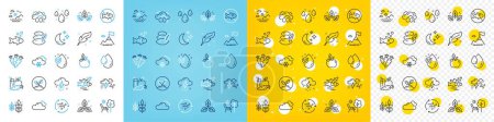 Illustration for Vector icons set of Snow weather, Sea mountains and Cloudy weather line icons pack for web with Moon, Water drop, Fish school outline icon. Mountain flag, Gluten free, Pillow pictogram. Vector - Royalty Free Image