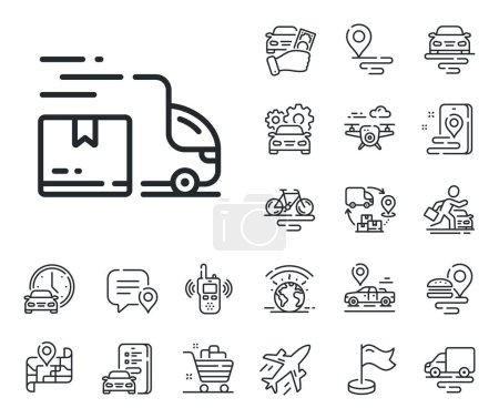 Illustration for Logistic service sign. Plane, supply chain and place location outline icons. Delivery truck line icon. Export freight boxes symbol. Delivery truck line sign. Taxi transport, rent a bike icon. Vector - Royalty Free Image