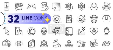 Illustration for Outline set of Stress, Private payment and Tax documents line icons for web with Cursor, Package box, Augmented reality thin icon. Certificate, Gamepad, Vip certificate pictogram icon. Vector - Royalty Free Image
