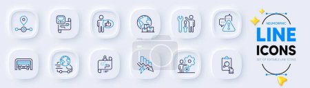 Illustration for Warning, Repairman and Metro map line icons for web app. Pack of Saving electricity, Journey path, Parking garage pictogram icons. Delivery service, Station, International delivery signs. Vector - Royalty Free Image