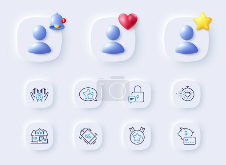 Illustration for Call center, Lock and Timer line icons. Placeholder with 3d bell, star, heart. Pack of Home moving, Piggy bank, Employee hand icon. Ranking star, Star pictogram. For web app, printing. Vector - Royalty Free Image