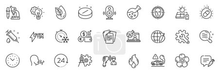 Illustration for Icons pack as Currency rate, Online chemistry and Microscope line icons for app include Medical tablet, Breathing exercise, Time management outline thin icon web set. Vector - Royalty Free Image