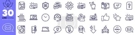 Illustration for Energy drops, Messenger and Car charging line icons pack. Seo laptop, Scroll down, Touchscreen gesture web icon. Report document, Medical analytics, Approved pictogram. Settings, Like. Vector - Royalty Free Image