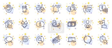Illustration for Outline set of Information, Speech bubble and Reminder line icons for web app. Include Search, Lingerie, Work home pictogram icons. Consulting, Money currency, Portable computer signs. Vector - Royalty Free Image