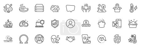 Illustration for Icons pack as Budget accounting, Fingerprint and Sunscreen line icons for app include Co2, Electricity power, Vitamin outline thin icon web set. Headshot, Human rating, Omega pictogram. Vector - Royalty Free Image