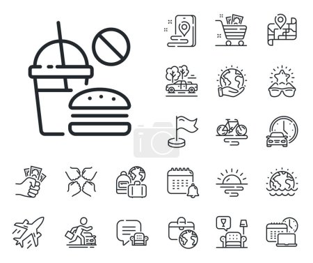 Illustration for Hamburger with soda drink sign. Plane jet, travel map and baggage claim outline icons. Stop Fast food line icon. Unhealthy burger symbol. Fast food line sign. Car rental, taxi transport icon. Vector - Royalty Free Image