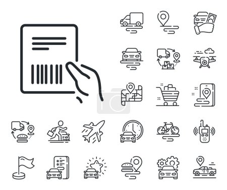 Illustration for Delivery document sign. Plane, supply chain and place location outline icons. Parcel invoice line icon. Package shipping symbol. Parcel invoice line sign. Taxi transport, rent a bike icon. Vector - Royalty Free Image