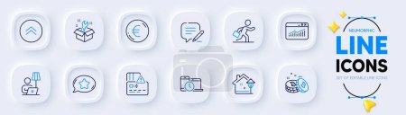 Illustration for Euro money, Card and Time management line icons for web app. Pack of Website statistics, Spanner, Floor lamp pictogram icons. Bitcoin, Favorite chat, Swipe up signs. Street light. Vector - Royalty Free Image