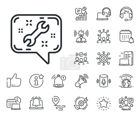 Illustration for Repair service chat sign. Place location, technology and smart speaker outline icons. Spanner tool line icon. Fix instruments symbol. Spanner line sign. Influencer, brand ambassador icon. Vector - Royalty Free Image