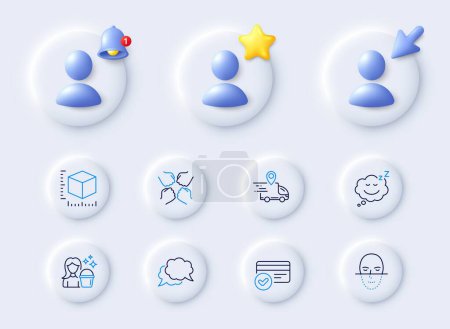 Illustration for Delivery truck, Package size and Sleep line icons. Placeholder with 3d cursor, bell, star. Pack of Payment methods, Cleaning, Face recognition icon. Chat message, Squad pictogram. Vector - Royalty Free Image