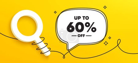 Illustration for Up to 60 percent off sale. Continuous line chat banner. Discount offer price sign. Special offer symbol. Save 60 percentages. Discount tag speech bubble message. Wrapped 3d search icon. Vector - Royalty Free Image