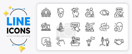 Ilustración de Crowdfunding, La protección de la cara y la recepción de la línea de escritorio iconos establecidos para la aplicación incluyen Pasajeros, Videoconferencia, Esquema de información falsa icono delgado. Química en línea, Handshake. Vector - Imagen libre de derechos