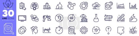 Illustration for Swipe up, Update data and Electronic thermometer line icons pack. Trade chart, Puzzle, Journey path web icon. Mindfulness stress, Inspect, Chemistry lab pictogram. Edit statistics. Vector - Royalty Free Image