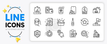 Illustration for Timer, Chemistry lab and Champagne line icons set for app include Winner flag, Seo timer, Cursor outline thin icon. Package protection, Loyalty points, Mail pictogram icon. Vector - Royalty Free Image