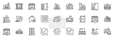 Illustration for Icons pack as Floor plan, Furniture and Balcony line icons for app include Entrance, Circle area, Buying house outline thin icon web set. Arena stadium, Buildings, House security pictogram. Vector - Royalty Free Image