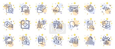 Illustration for Outline set of Voice wave, Bus and Bitcoin project line icons for web app. Include Waterproof, Star rating, Roller coaster pictogram icons. Mail letter, Car charging, Breathing exercise signs. Vector - Royalty Free Image