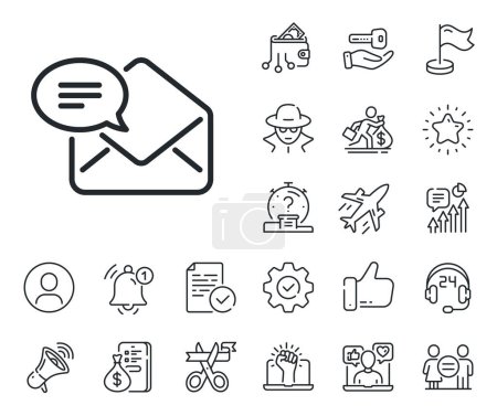 Illustration for Message correspondence sign. Salaryman, gender equality and alert bell outline icons. New Mail line icon. E-mail symbol. New Mail line sign. Spy or profile placeholder icon. Vector - Royalty Free Image