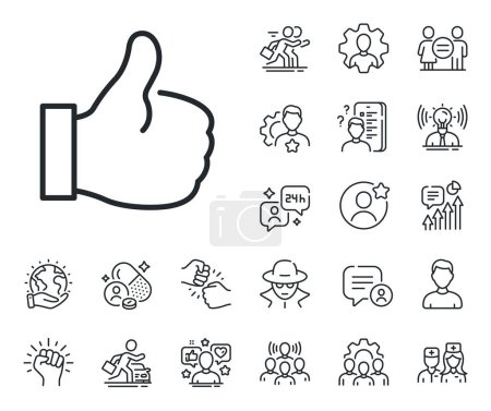 Illustration for Thumbs up sign. Specialist, doctor and job competition outline icons. Like line icon. Positive feedback, social media symbol. Like line sign. Avatar placeholder, spy headshot icon. Vector - Royalty Free Image