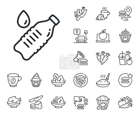 Illustration for Clean aqua drink sign. Crepe, sweet popcorn and salad outline icons. Water bottle line icon. Liquid symbol. Water bottle line sign. Pasta spaghetti, fresh juice icon. Supply chain. Vector - Royalty Free Image