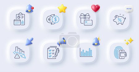 Illustration for Deflation, Wallet and Loan percent line icons. Buttons with 3d bell, chat speech, cursor. Pack of Bar diagram, Report, Money exchange icon. Survey checklist, Gift card pictogram. Vector - Royalty Free Image