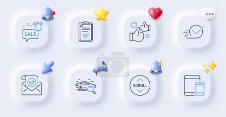 Illustration for Like, Scroll down and Confirmed mail line icons. Buttons with 3d bell, chat speech, cursor. Pack of Search car, Mobile devices, Checklist icon. Promotion bell, Checkbox pictogram. Vector - Royalty Free Image