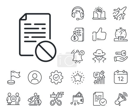Illustration for No file sign. Salaryman, gender equality and alert bell outline icons. Not allowed document line icon. Office note symbol. Wrong file line sign. Spy or profile placeholder icon. Vector - Royalty Free Image