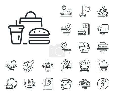 Illustration for Meal order sign. Plane, supply chain and place location outline icons. Food delivery line icon. Fast food symbol. Fast food line sign. Taxi transport, rent a bike icon. Travel map. Vector - Royalty Free Image
