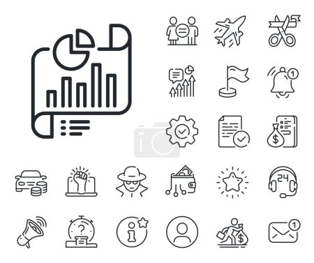 Illustration for Column graph sign. Salaryman, gender equality and alert bell outline icons. Report document line icon. Growth diagram, pie chart symbol. Report document line sign. Vector - Royalty Free Image