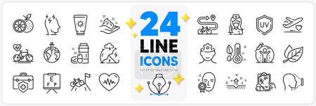 Illustration for Icons set of Pandemic vaccine, Heartbeat and Mountain bike line icons pack for app with Vision board, Medical insurance, Uv protection thin outline icon. Skin care, Stress, Orange pictogram. Vector - Royalty Free Image