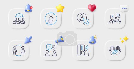 Illustration for People voting, Doctor and Replacement line icons. Buttons with 3d bell, chat speech, cursor. Pack of Teamwork, Workflow, Contactless payment icon. Fair trade, User pictogram. Vector - Royalty Free Image