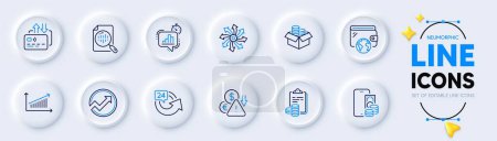Illustration for Card, Deflation and 24 hours line icons for web app. Pack of Accounting, Audit, Wallet pictogram icons. Phone pay, Money box, Versatile signs. Analytics chart, Chart, Statistics timer. Vector - Royalty Free Image