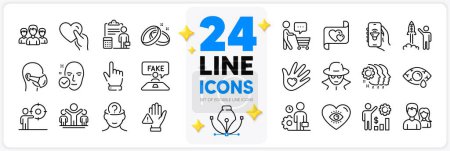 Illustration for Icons set of Health skin, Social responsibility and Psychology line icons pack for app with Dont touch, Hold heart, Meditation eye thin outline icon. Accounting, Employee, Group pictogram. Vector - Royalty Free Image