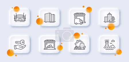 Illustration for Packing things, Arena stadium and Buying house line icons pack. 3d glass buttons with blurred circles. Buildings, Market, Skyscraper buildings web icon. Delivery truck, Lighthouse pictogram. Vector - Royalty Free Image