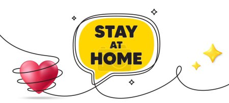 Illustration for Stay home slogan. Continuous line art banner. Coronavirus, COVID 19 quote. Quarantine message. Stay home speech bubble background. Wrapped 3d heart icon. Vector - Royalty Free Image
