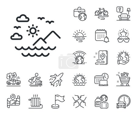 Illustration for Sun, clouds and waves sign. Plane jet, travel map and baggage claim outline icons. Travel sea mountains line icon. Summer holidays symbol. Sea mountains line sign. Vector - Royalty Free Image