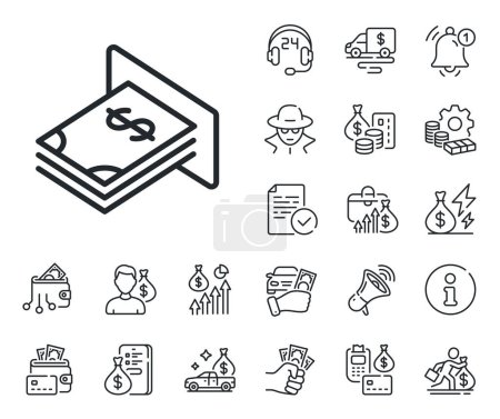 Illustration for Banking currency sign. Cash money, loan and mortgage outline icons. Cash money line icon. Dollar or USD symbol. ATM money line sign. Credit card, crypto wallet icon. Inflation, job salary. Vector - Royalty Free Image