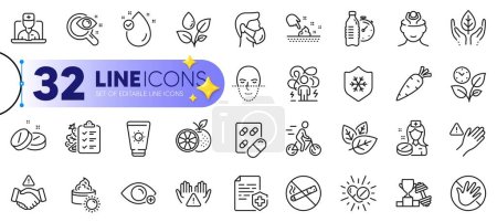Illustration for Outline set of Do not touch, Cyclist and Capsule pill line icons for web with Dont handshake, Medical mask, Dont touch thin icon. Leaves, Clean skin, Sun cream pictogram icon. Vector - Royalty Free Image
