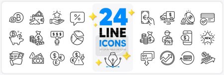Illustration for Icons set of Employee benefits, Fraud and Money line icons pack for app with Loyalty program, Card, Payment methods thin outline icon. Deflation, Finance, Coins bag pictogram. Vector - Royalty Free Image