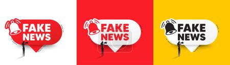 Illustration for Fake news tag. Speech bubbles with bell and woman silhouette. Media newspaper sign. Daily information symbol. Fake news chat speech message. Woman with megaphone. Vector - Royalty Free Image