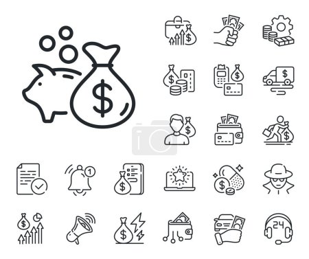 Illustration for Business mortgage sign. Cash money, loan and mortgage outline icons. Loan line icon. Piggy bank symbol. Loan line sign. Credit card, crypto wallet icon. Inflation, job salary. Vector - Royalty Free Image