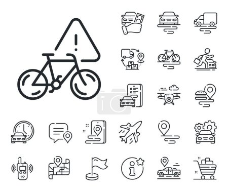 Illustration for City bicycle transport sign. Plane, supply chain and place location outline icons. Bike attention line icon. Velocipede warning symbol. Bike attention line sign. Vector - Royalty Free Image